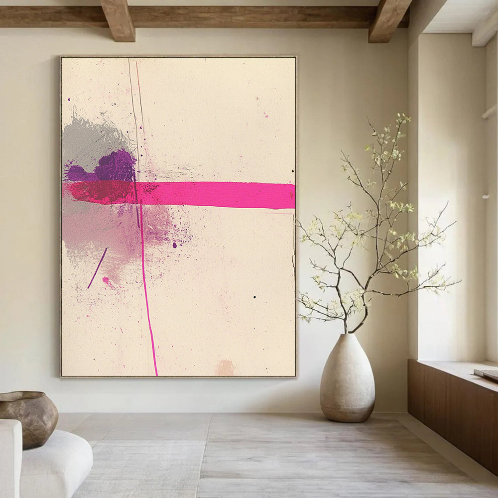 Large abstract pink line artwork on white paper accented with grey and purple for a modern artistic touch.STSC1181