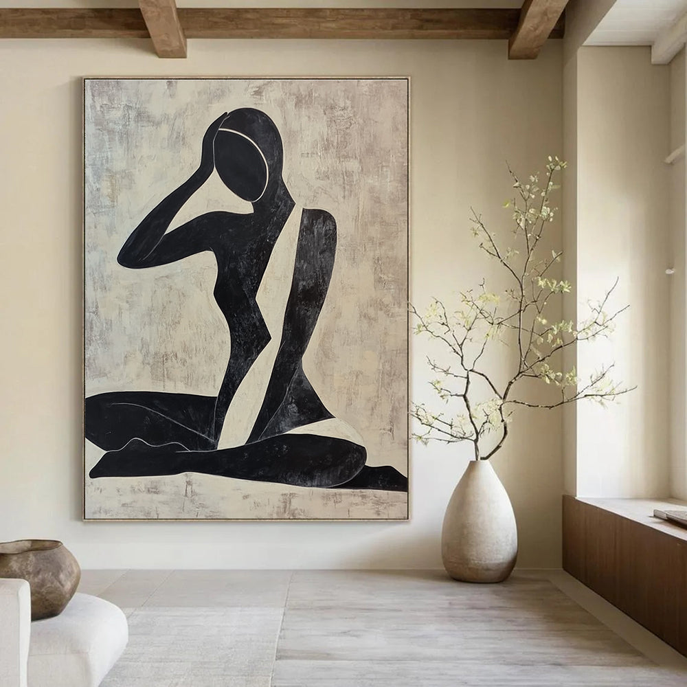 Large abstract painting of a woman doing yoga featuring simple shapes and lines in black and white against a dark clean background.STSC012