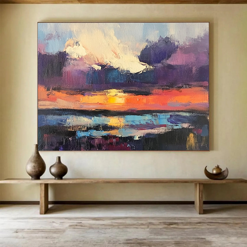 Large abstract painting featuring a sunset over water with bold brush strokes in vibrant purple and blue hues capturing a dramatic sky filled with clouds.SC134