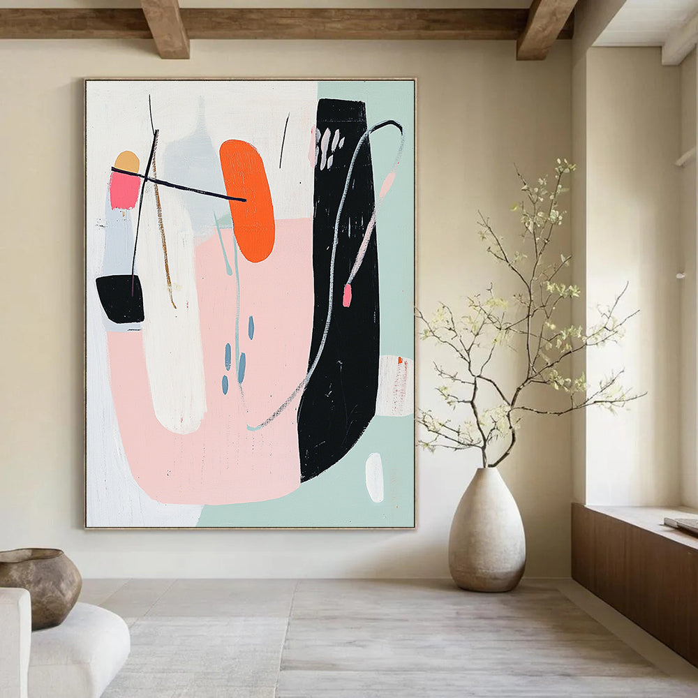 Abstract painting with bold geometric shapes in pastel pink white sage green orange and blue on a white background in mid-century modern style.STSC614