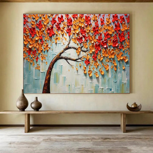 3D Autumn Tree Abstract Painting with Orange, Red, and Blue Tones THY168