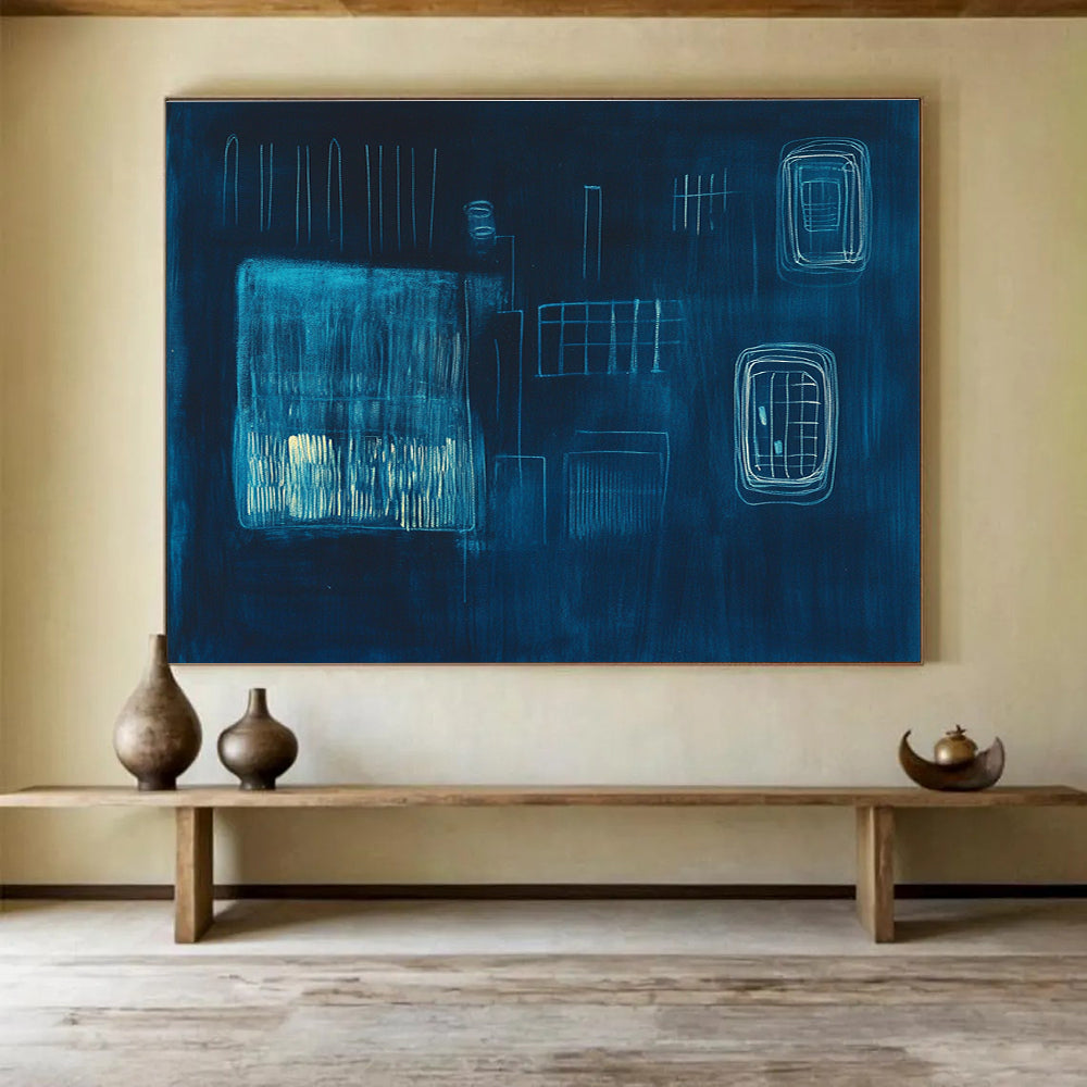 Dark Blue Abstract Composition Painting with Light Blue Lines DYP506