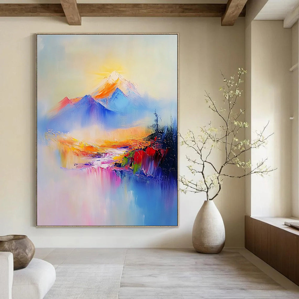Abstract painting of Mount Redoubt featuring soft pastel colors gentle brush strokes light blue sky and a light purple river flowing through the valley.STSC323