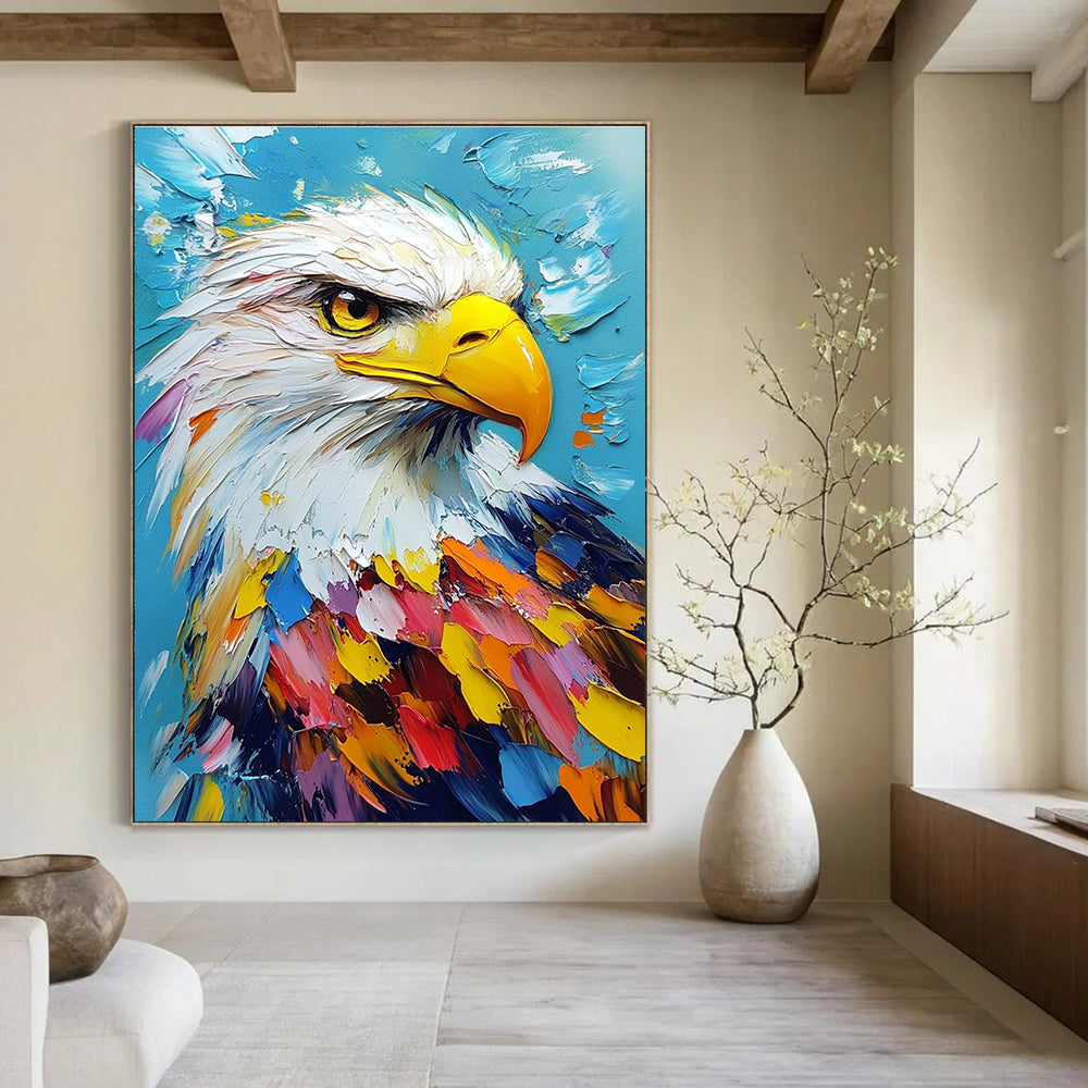 Large abstract painting featuring a colorful bald eagle portrait on a vibrant blue background, created with impasto oil techniques on canvas.STSC1285