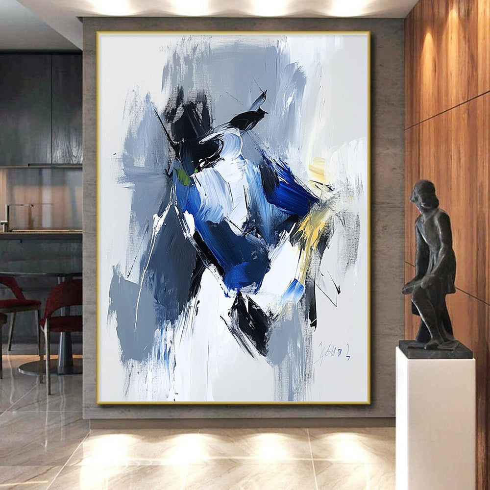 Blue Gray Abstract Painting with Dynamic Color Blocks GER781