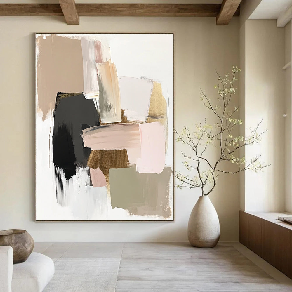 A large abstract painting featuring neutral tones with soft pinks and greens complemented by gold accents in a minimalist style.STSC619