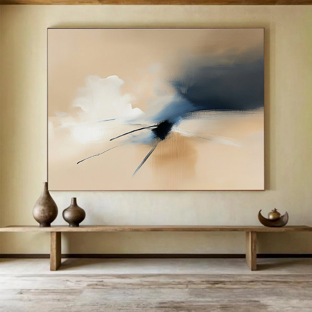Large abstract painting featuring ethereal cloud forms in beige and blue tones with smooth brushwork and soft edges.SC178