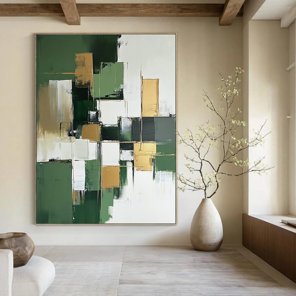 Large abstract painting in green and white with minimalist gold accents creating a striking focal point for any space.STSC611