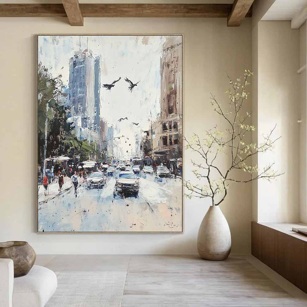 Large abstract painting featuring a vibrant Sydney street scene with soft pastel colors and impressionist brush strokes.STSC1135