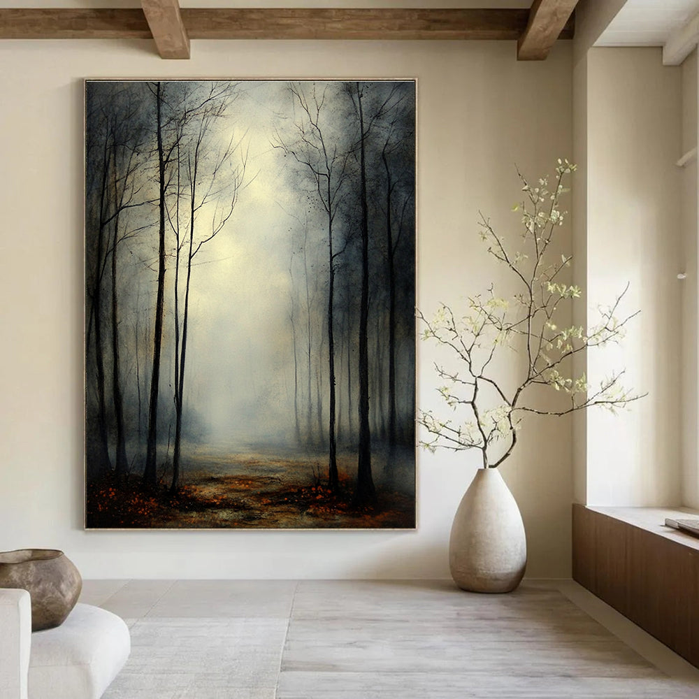 Abstract painting of a misty forest at twilight with eerie silhouettes of leafless trees under an overcast sky evoking dread and contemplation.STSC1099