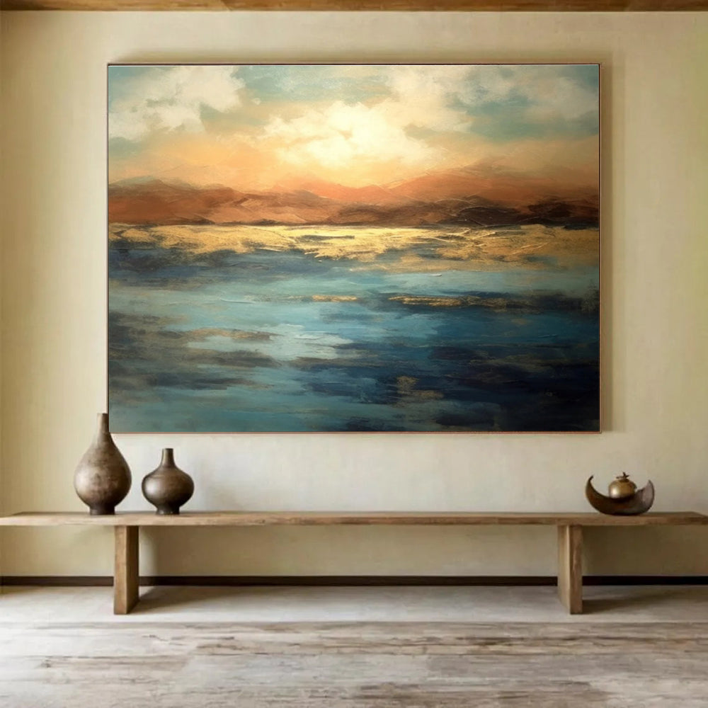 Orange Blue Sunset Lake Abstract Painting THY065