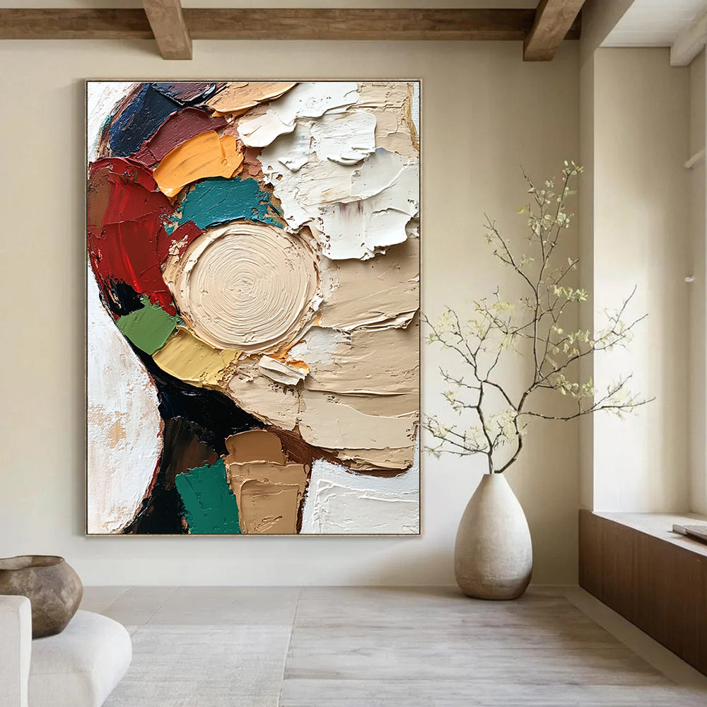 Large abstract painting featuring a textured close-up of a face in vibrant colors and dynamic brush strokes against a white circular patterned background.STSC283