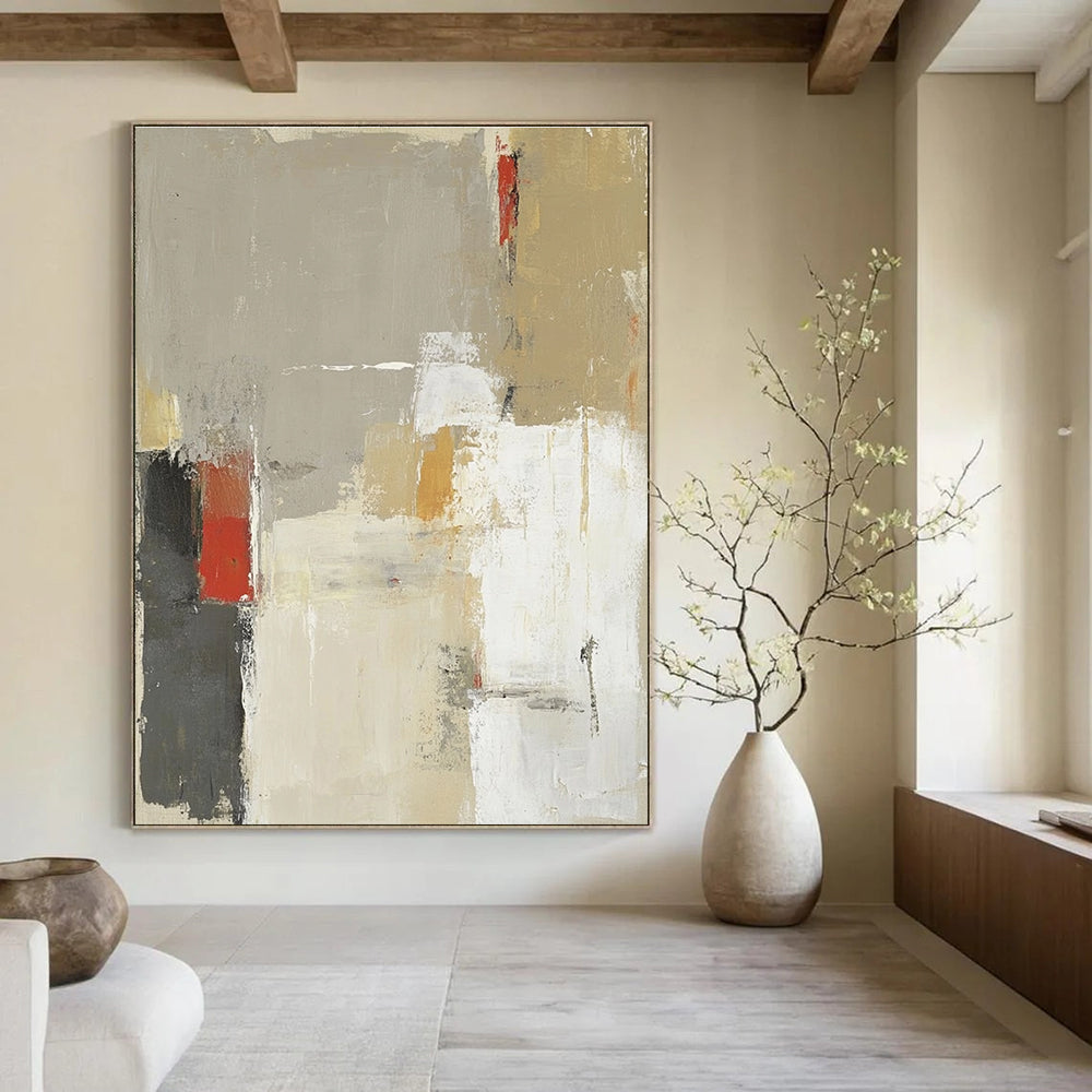 Large abstract painting in beige and gray with red accents featuring soft brush strokes and bold shapes.STSC616