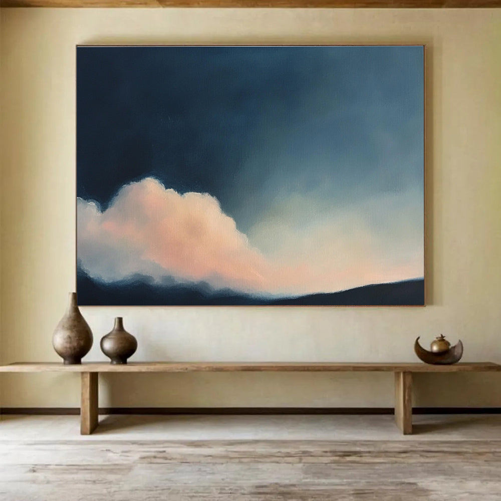 A large abstract painting of clouds in soft pink and dark blue, inspired by Cecily Mary Barker's atmospheric style.SC408