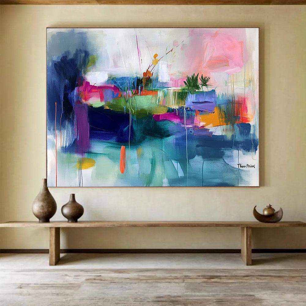 Large abstract painting featuring an island with vibrant brush strokes in pink green blue orange and more, emphasizing lively colors and fluid lines.SC372