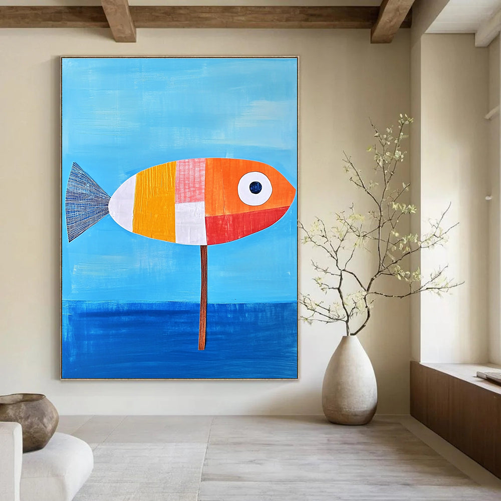 An abstract painting of a fish on blue water featuring an orange and white color scheme with simple details and a tranquil vibe.STSC996