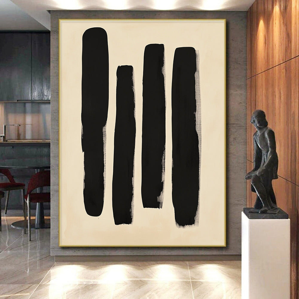 Black Vertical Strokes Abstract Painting on Beige Background GER240