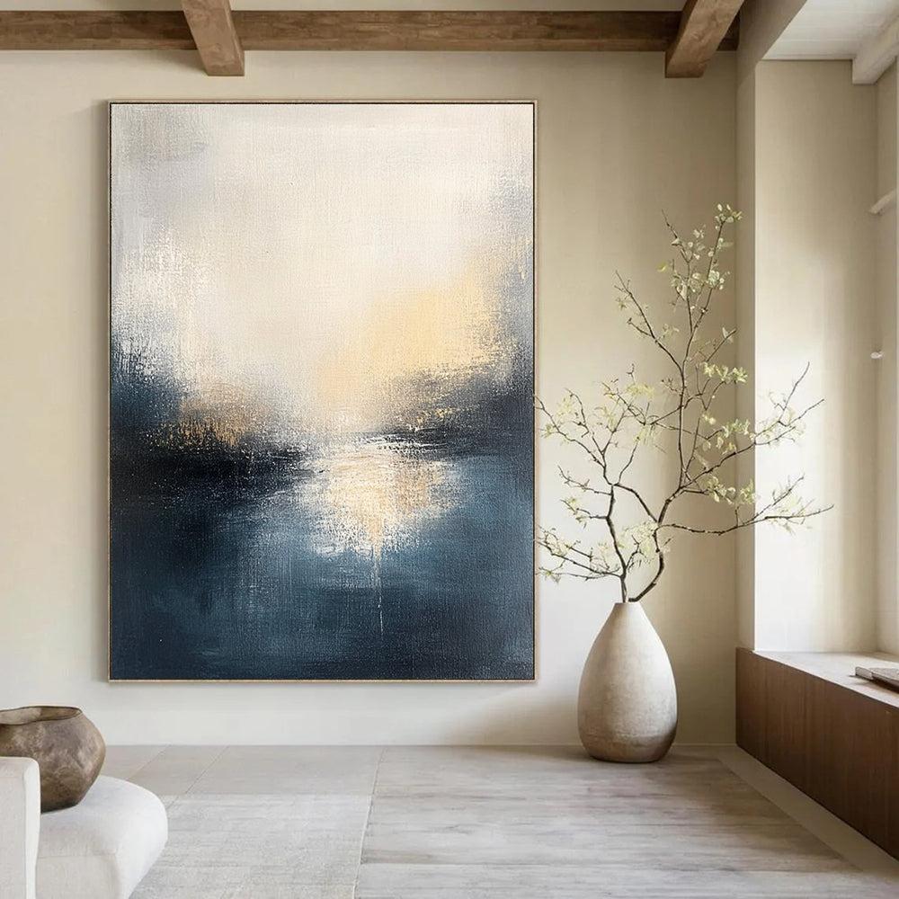 Large abstract oil painting featuring a misty gray and dark blue seascape with light yellow sun rays illuminating the horizon.STSC169