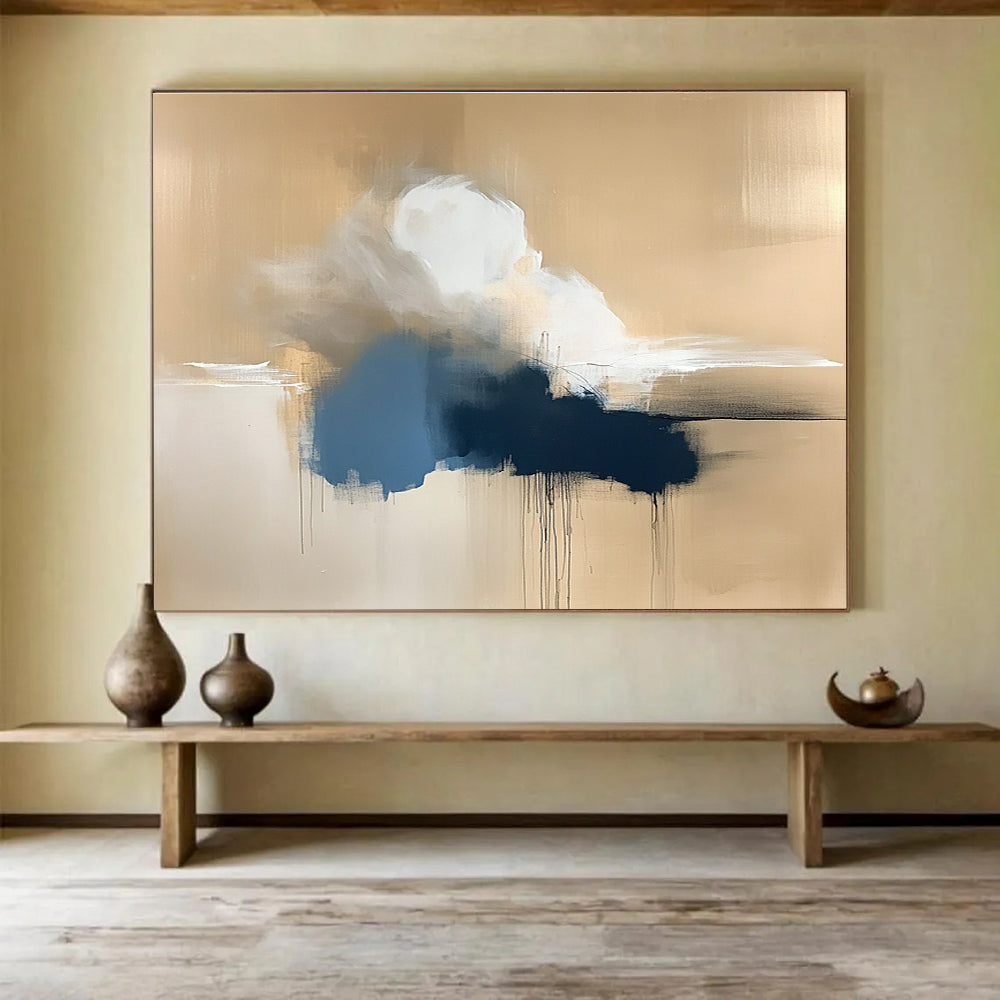 Gold and Blue Cloud Abstract Painting with Dripping Textures DYP319