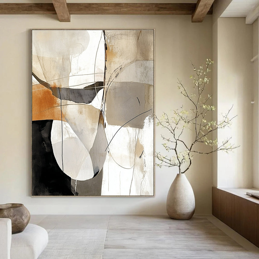 Large abstract painting featuring white black gray and beige lines with brown and light orange accents on a clean white background.STSC438