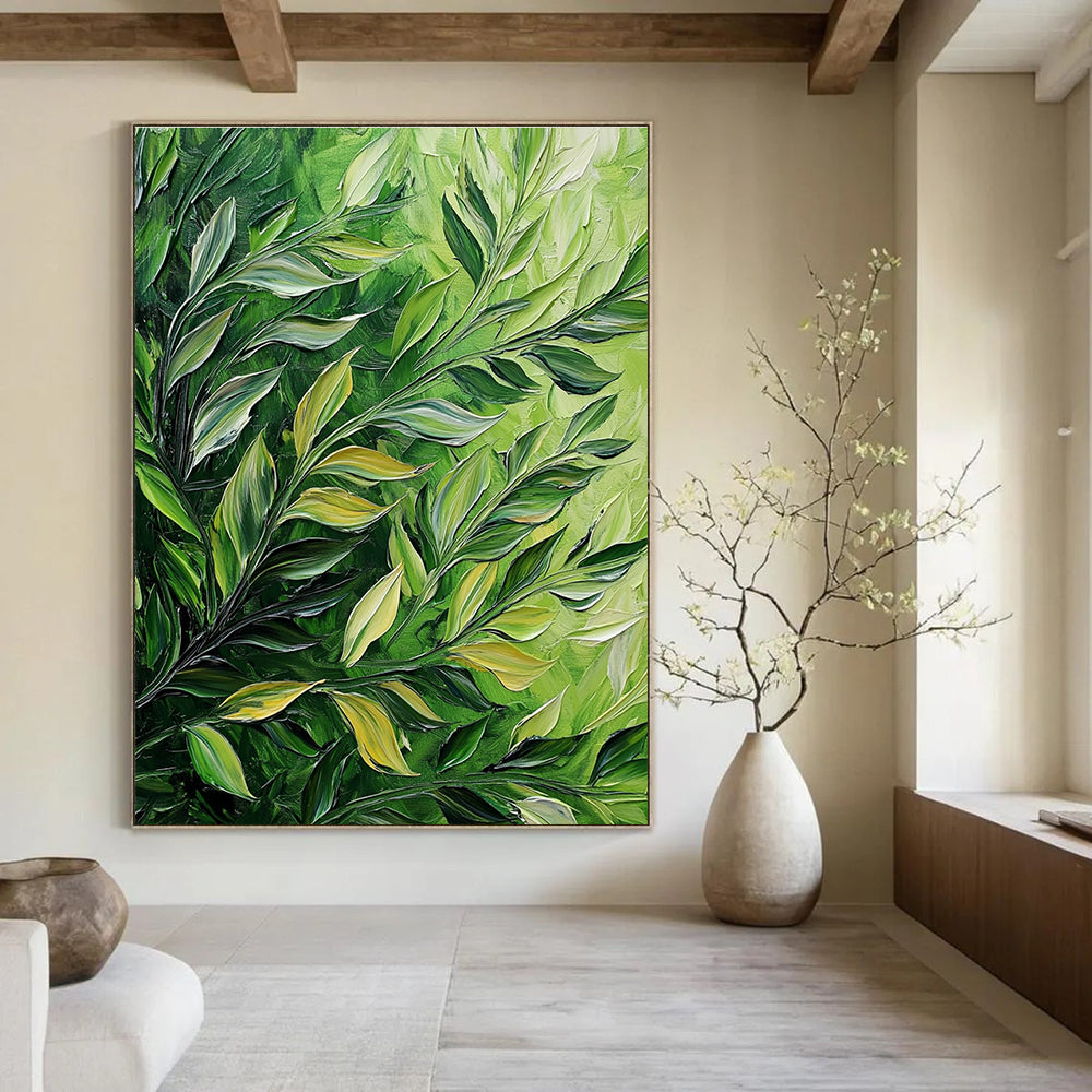 Huge abstract painting featuring thick brush strokes of green leaves on a dark background showcasing detailed foliage in acrylic and oil.STSC1130