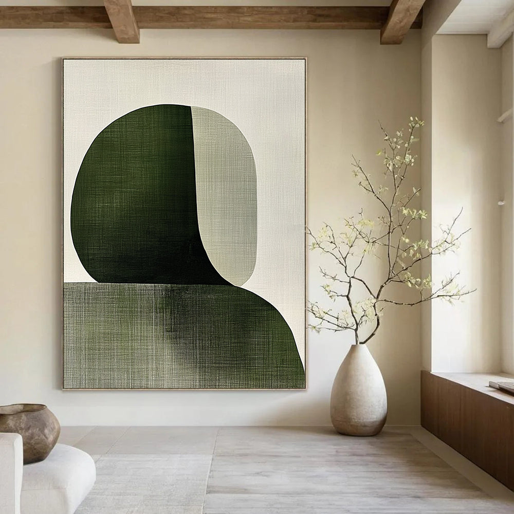 Abstract painting featuring overlapping shapes in sage green and white with visible brush strokes embodying the female form in a minimalist Japandi style.STSC1339
