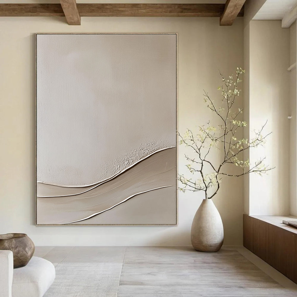 Abstract painting featuring a beige wall with smooth curved lines on a textured canvas in a neutral color palette and fine art style.STSC867
