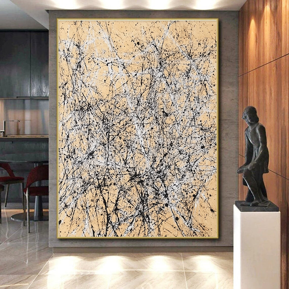 Black and White Splattered Abstract Painting on Beige Background GER002