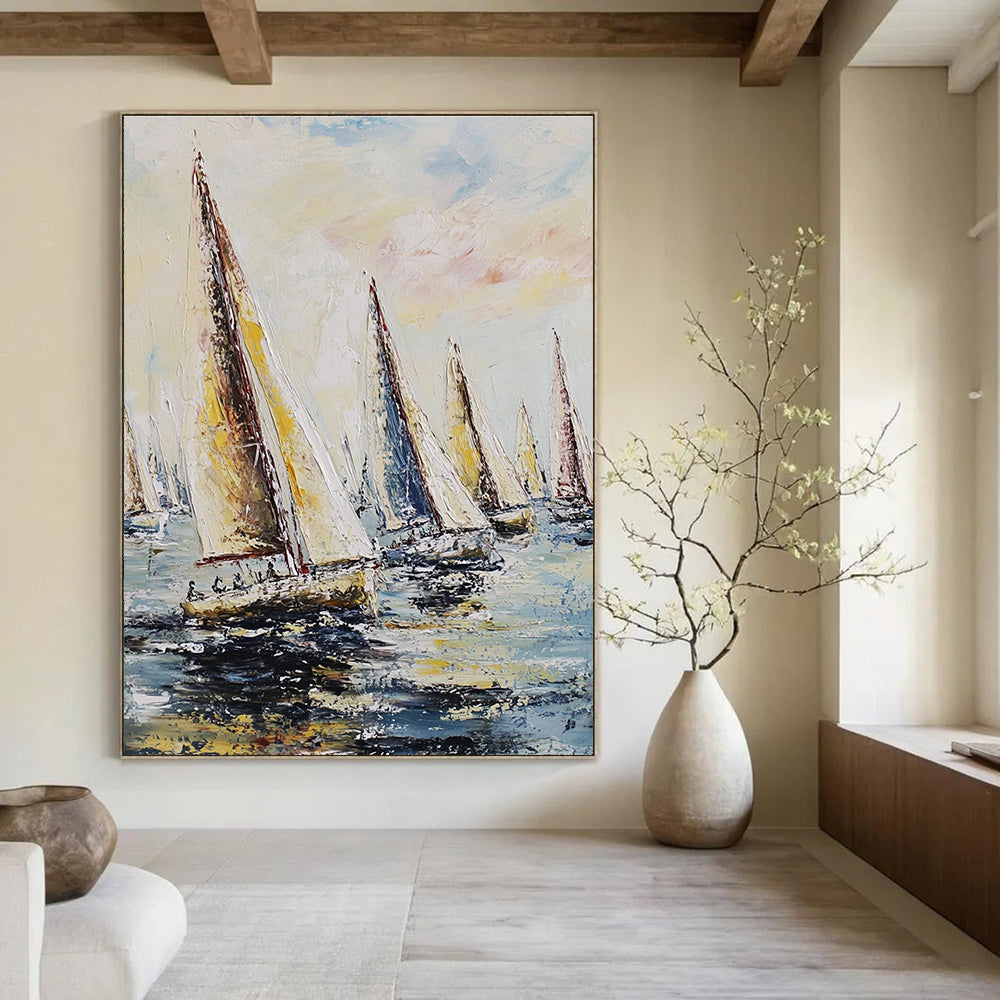 Large abstract painting featuring sailing regatta with billowing sails against a pastel sky and impasto-thick brush strokes.STSC1421