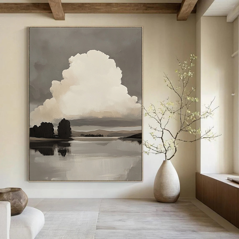 Large abstract oil painting of a white cloud over a lake with minimalist trees and hills in muted colors against a gray background.STSC868