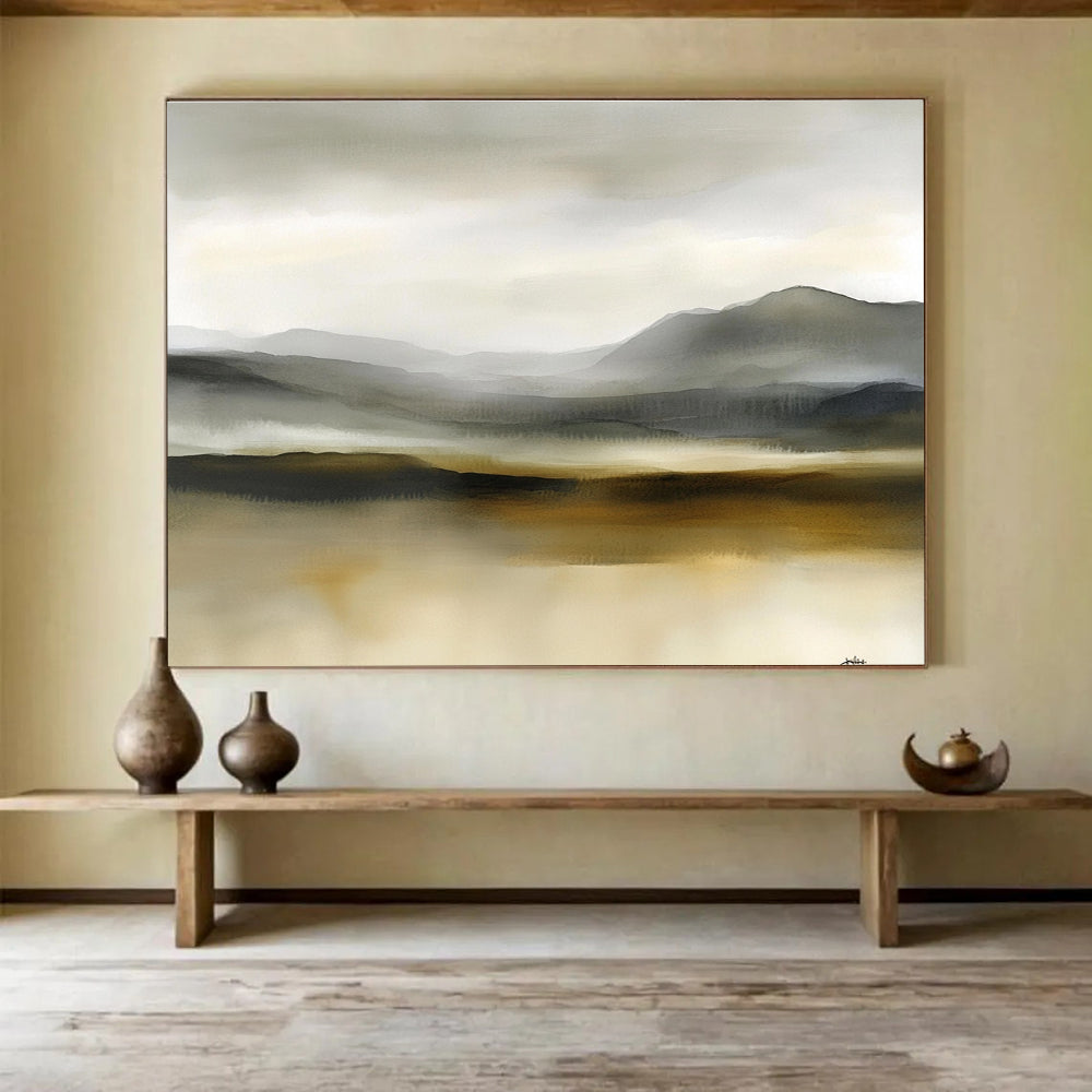 Large abstract watercolor painting of Scottish moors in soft gray and beige tones, creating a tranquil and misty atmosphere for any space.SC288