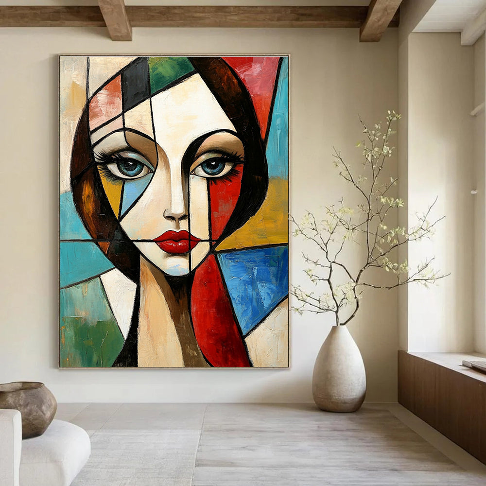 Large abstract painting in Cubism style features a geometric portrait of a woman with vibrant colors and dynamic patterns in the background.STSC1376