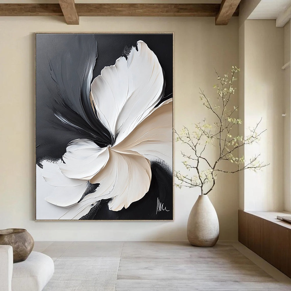 Large abstract painting featuring white flowers on a black background with meticulous brushwork and delicate textures in flowing organic shapes.STSC514