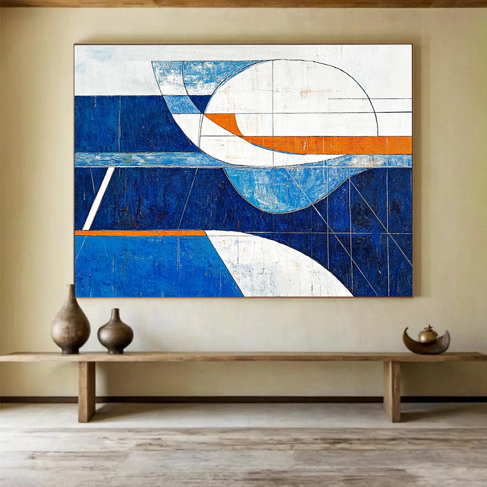 Geometric Blue Orange and White Abstract Painting with Clean Lines DYP190