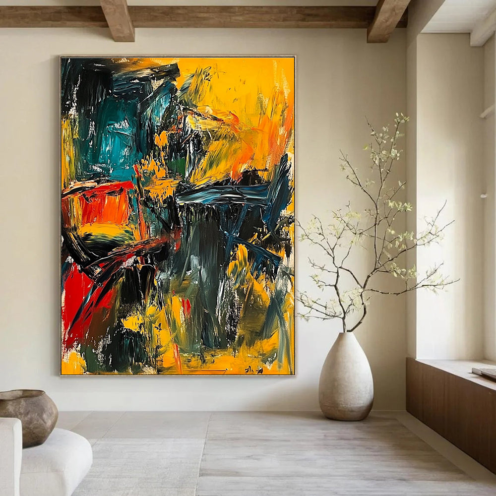 Large abstract painting depicting a dynamic war scene with bold strokes and vibrant colors conveying chaos and fear.STSC553
