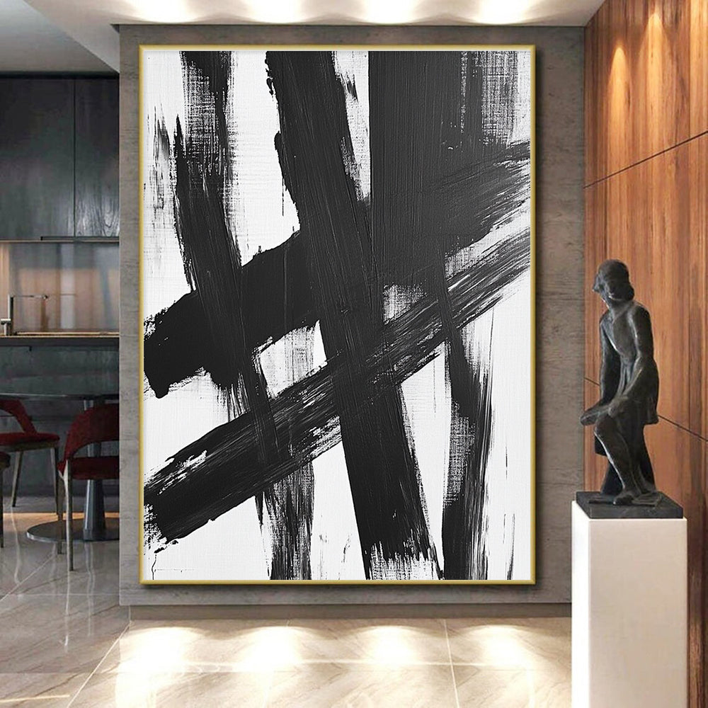 Black White Crossed Strokes Abstract Painting GER826