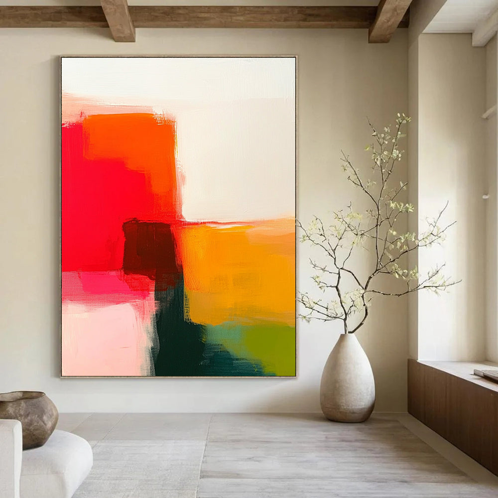 An abstract painting featuring warm reds and oranges with green on a white background showcasing simple shapes and soft edges.STSC629