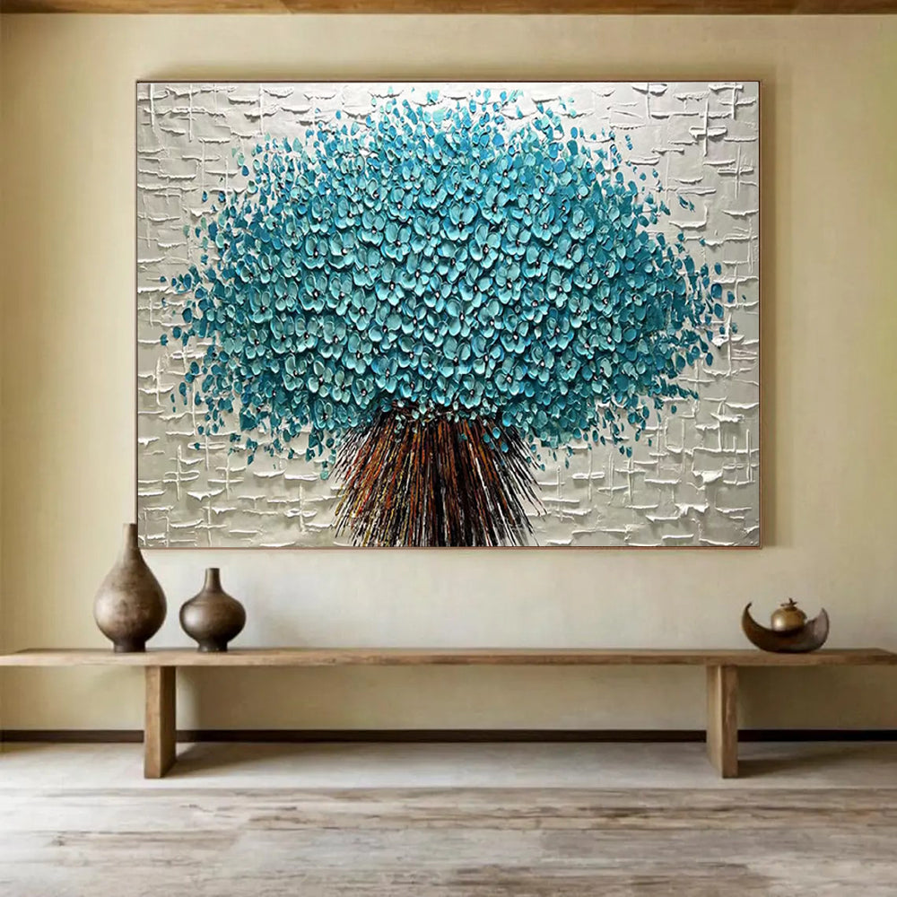 Blue Flower Tree Abstract Painting with Blue, Green, and Brown Tones THY213
