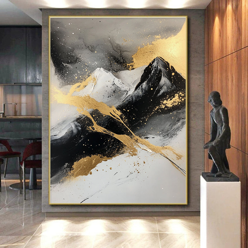 Gold - Splashed Mountain Abstract Painting with Black, White, and Gold GER320
