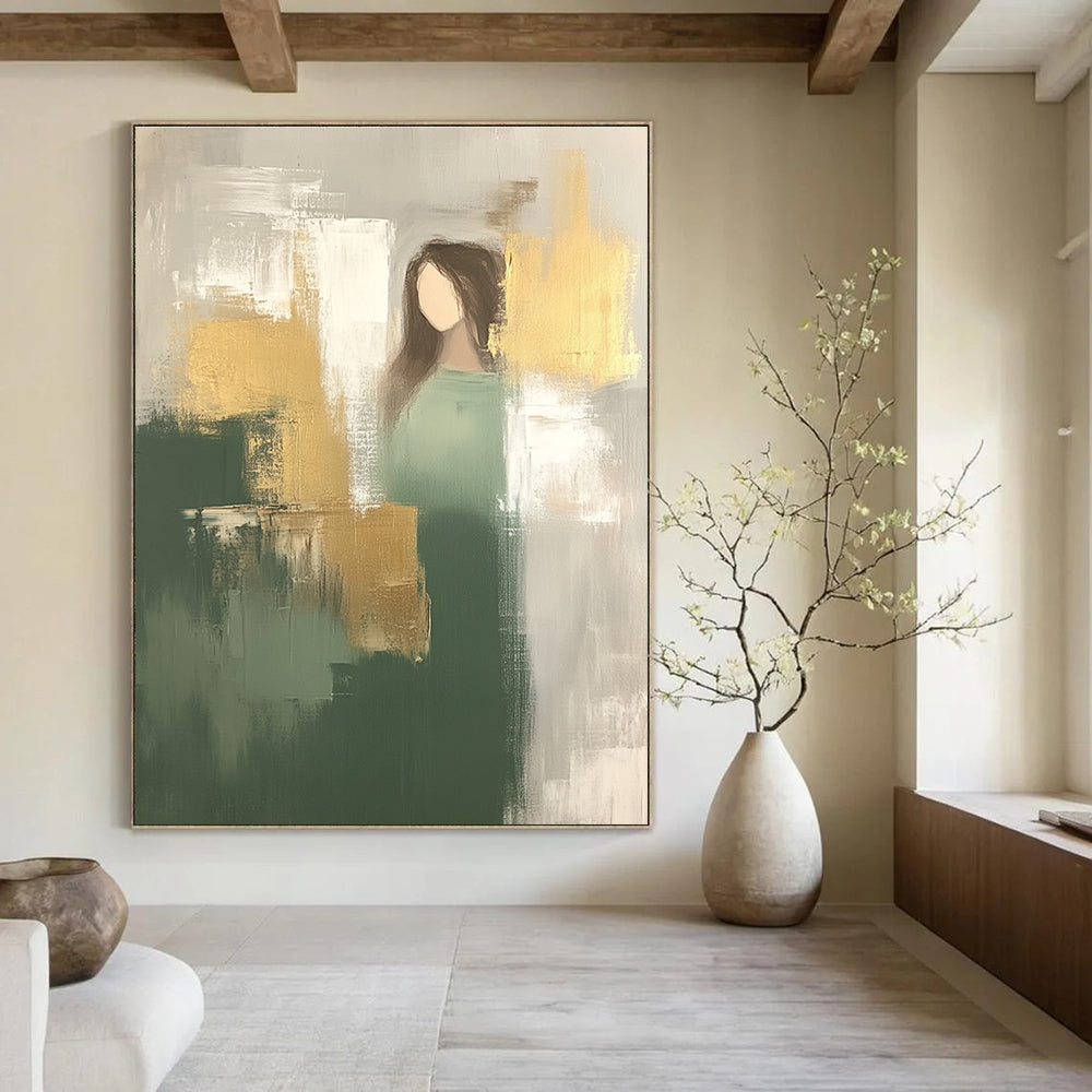 Large abstract painting featuring minimalistic shapes in neutral green and beige with gold accents creating a soft atmospheric beauty.STSC242