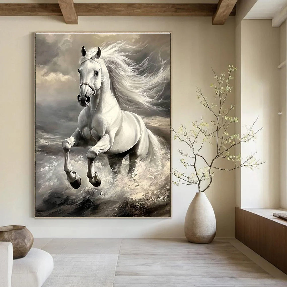 An abstract painting featuring a majestic white horse in motion with a grey color palette highlighting its powerful features and flowing mane.STSC1053
