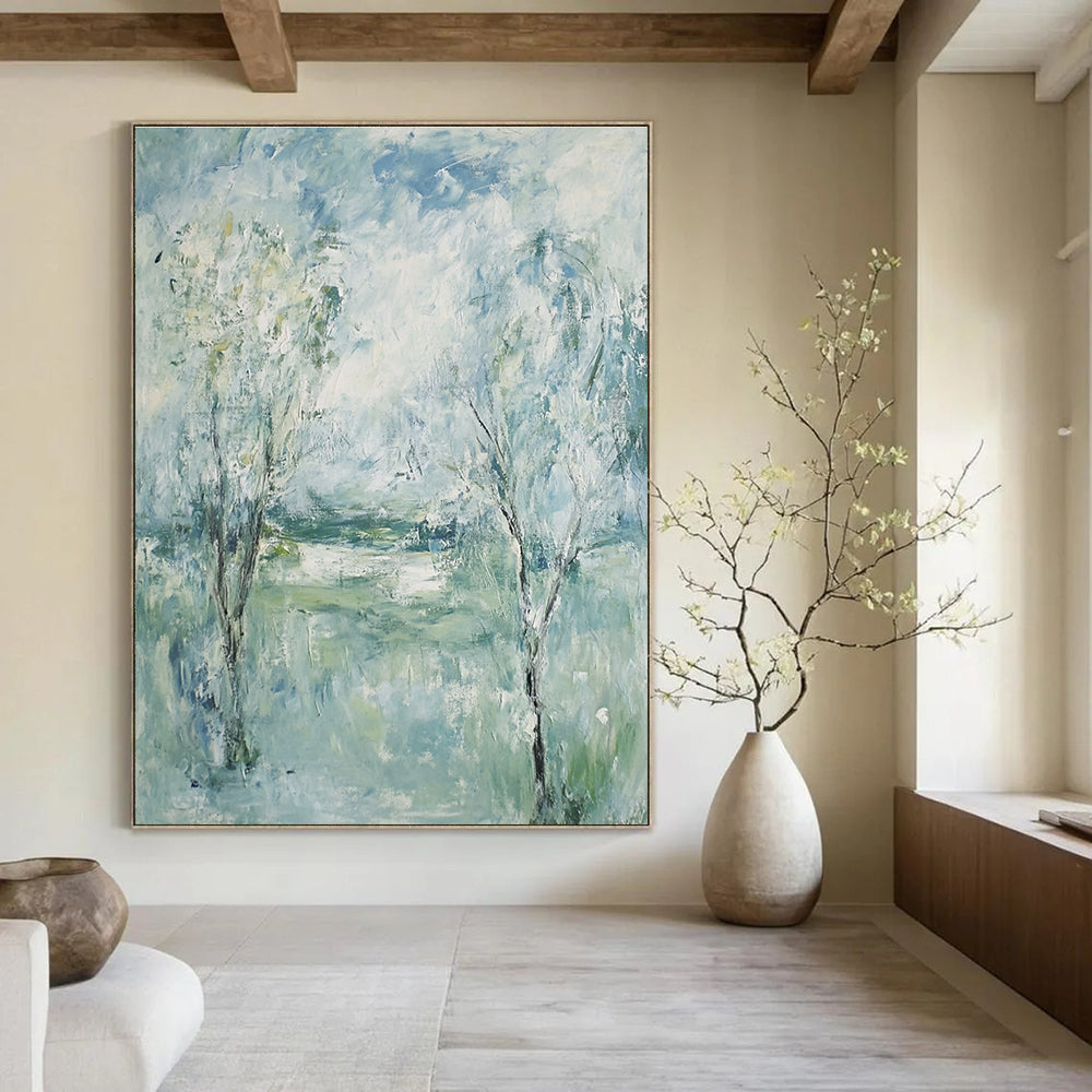 Large abstract painting featuring trees and grass under a blue sky with green and white clouds in an Impressionist style.STSC352