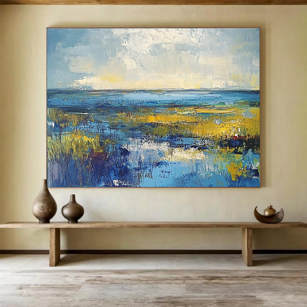 Vibrant Marshland Abstract Painting with Blues and Yellows DYP232