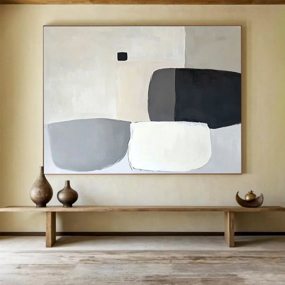Geometric Shapes in Neutrals Abstract Painting with Gray Black and White Tones DYP586