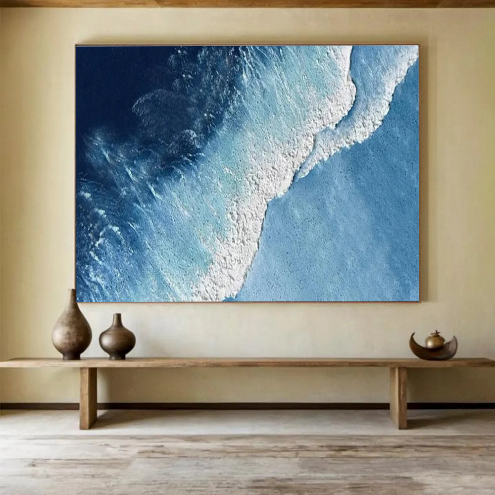 Aerial Ocean Wave Abstract Painting with Deep Blue and White THY258