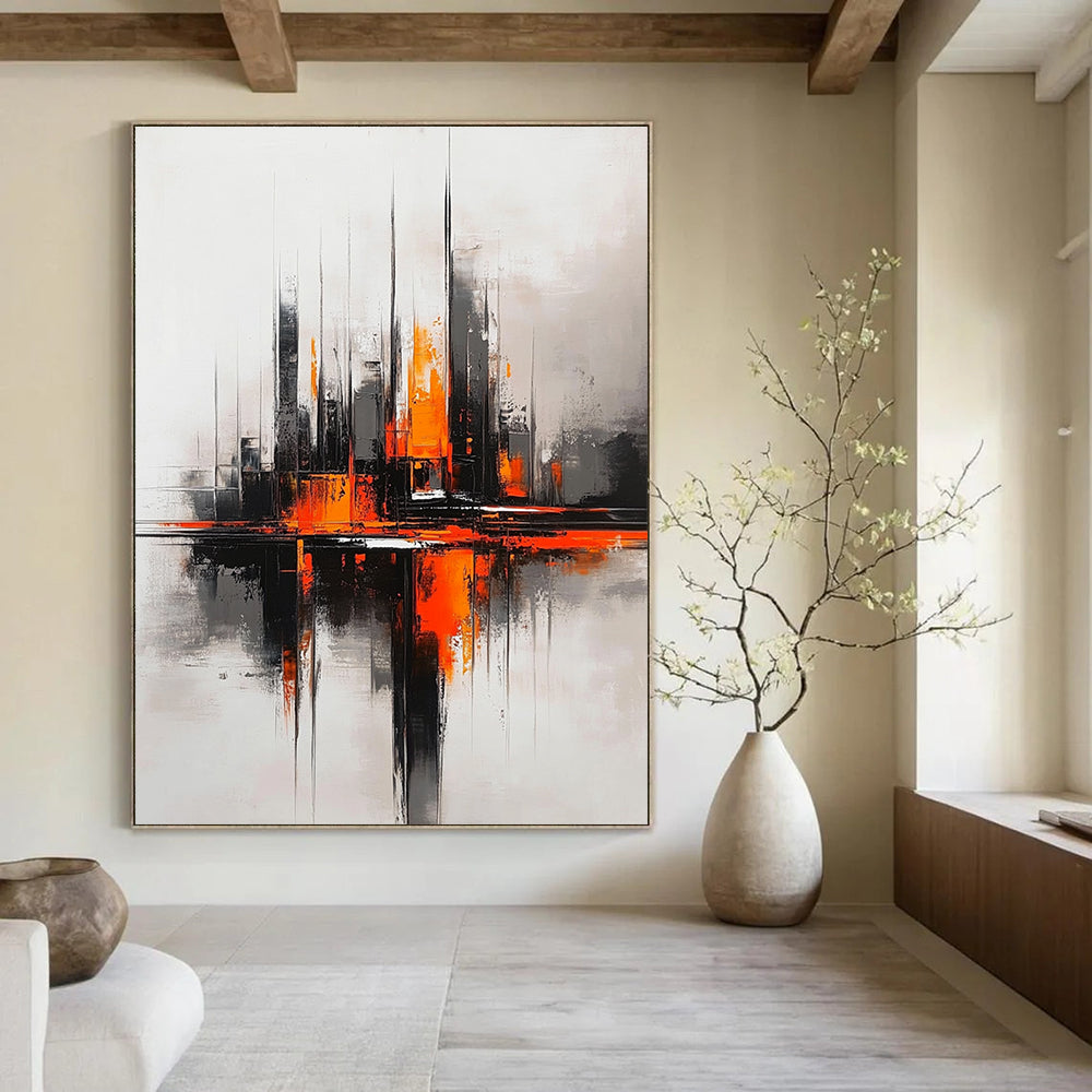 Abstract painting of a futuristic cityscape in grey and orange tones inspired by Richard Anderson's style.STSC285