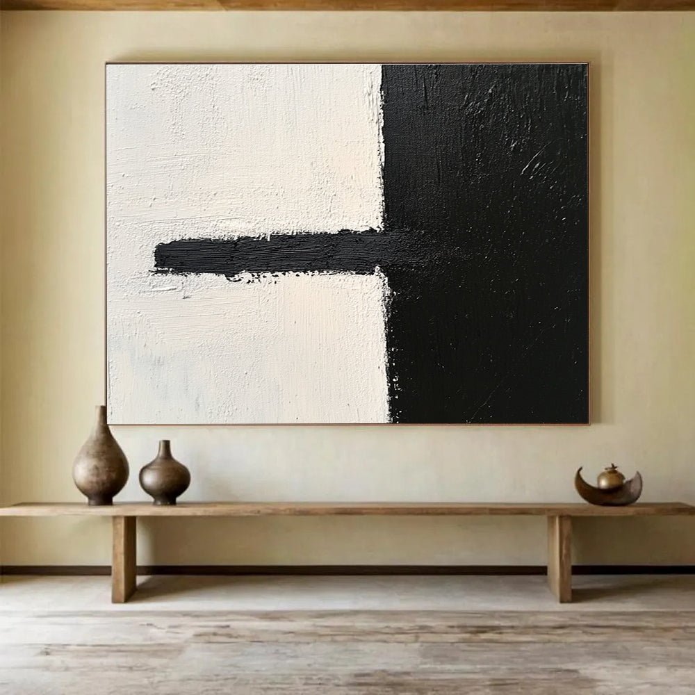 Black and White Geometric Abstract Painting with Textured Strokes DYP300