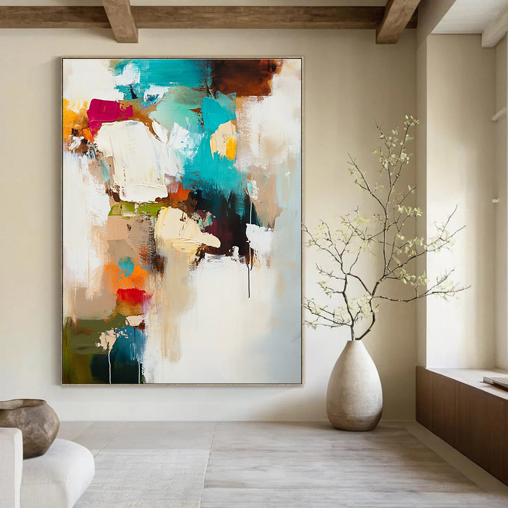 Large abstract painting in soft white and beige tones accented with teal brown and warm colors creating a moody dreamy atmosphere.STSC812
