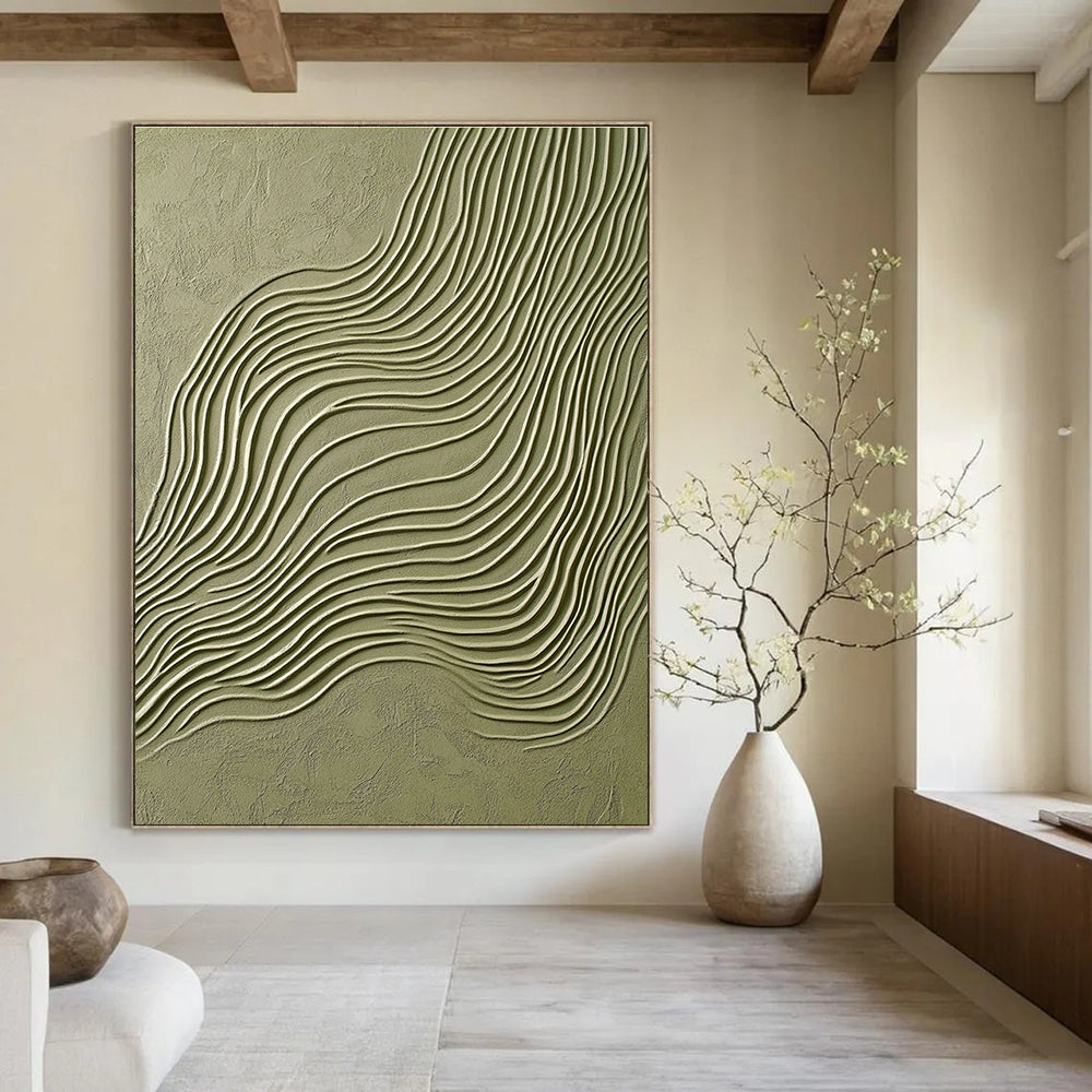 An Abstract Artwork Featuring Elegant Olive Green and White Lines, Perfect for Showcasing Product Designs and Architectural Drawings.STSC940