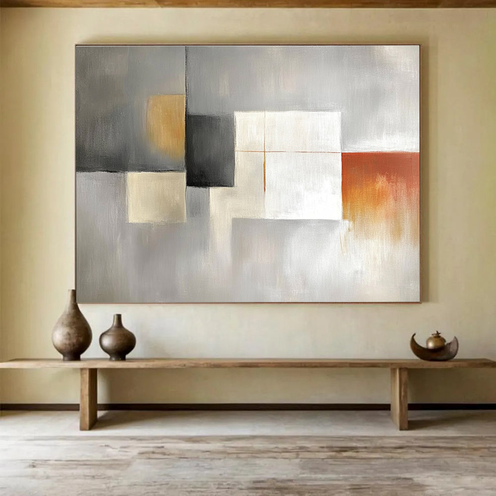 Large abstract painting in light gray, white, and amber featuring simple shapes in a minimalistic modern art style.SC378